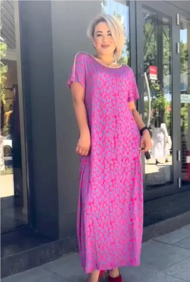 Robe à col diamant et imprimé floral rose et violet