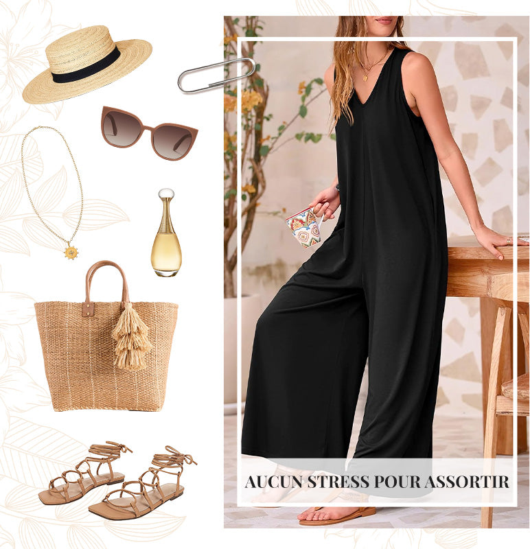 🔥🛍️Promotion chaude 50 % de réduction💃Combinaison Décontractée Sans Manches à Col en V et Jambes Larges pour Femmes🌸