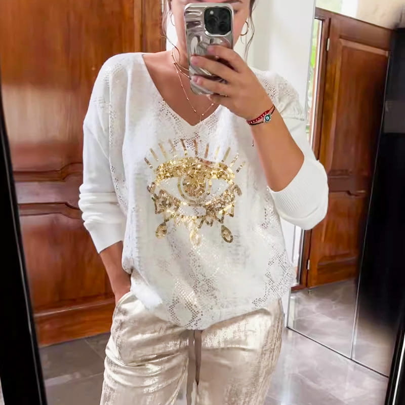 Ensemble 2 pièces pour femmes : ensemble haut en feuille d'or et pantalon à paillettes Devil's Eye