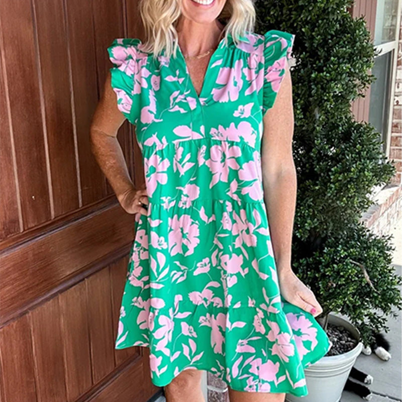 Robe imprimée en V manche en V Ruffle