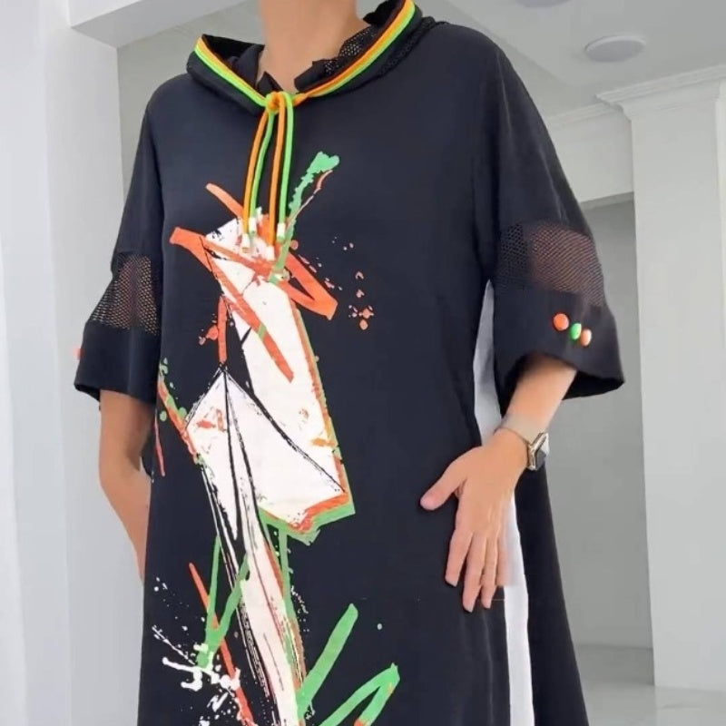 Robe à capuche ample décontractée et imprimée avec cordon de serrage pour femme