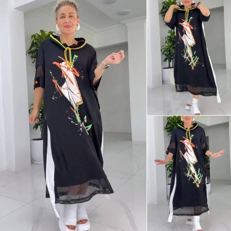 Robe à capuche ample décontractée et imprimée avec cordon de serrage pour femme
