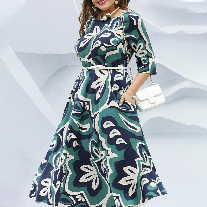 Robe longue à col rond, imprimée et ceinturée