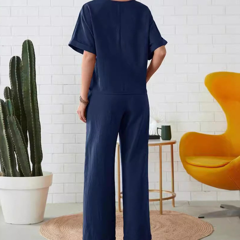 Ensemble 2 pièces - Top décontracté et pantalon à cordon de serrage - couleur unie