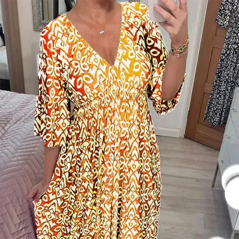 🔥50% de réduction 😍Robe longue à encolure en V et imprimé bohémien décontracté