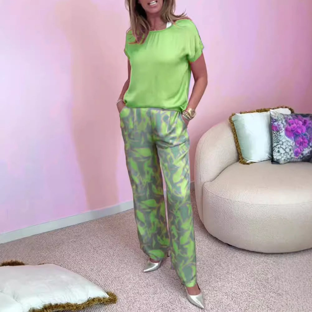 Ensemble 2 pièces : Haut & Pantalon Imprimé à Jambes Larges