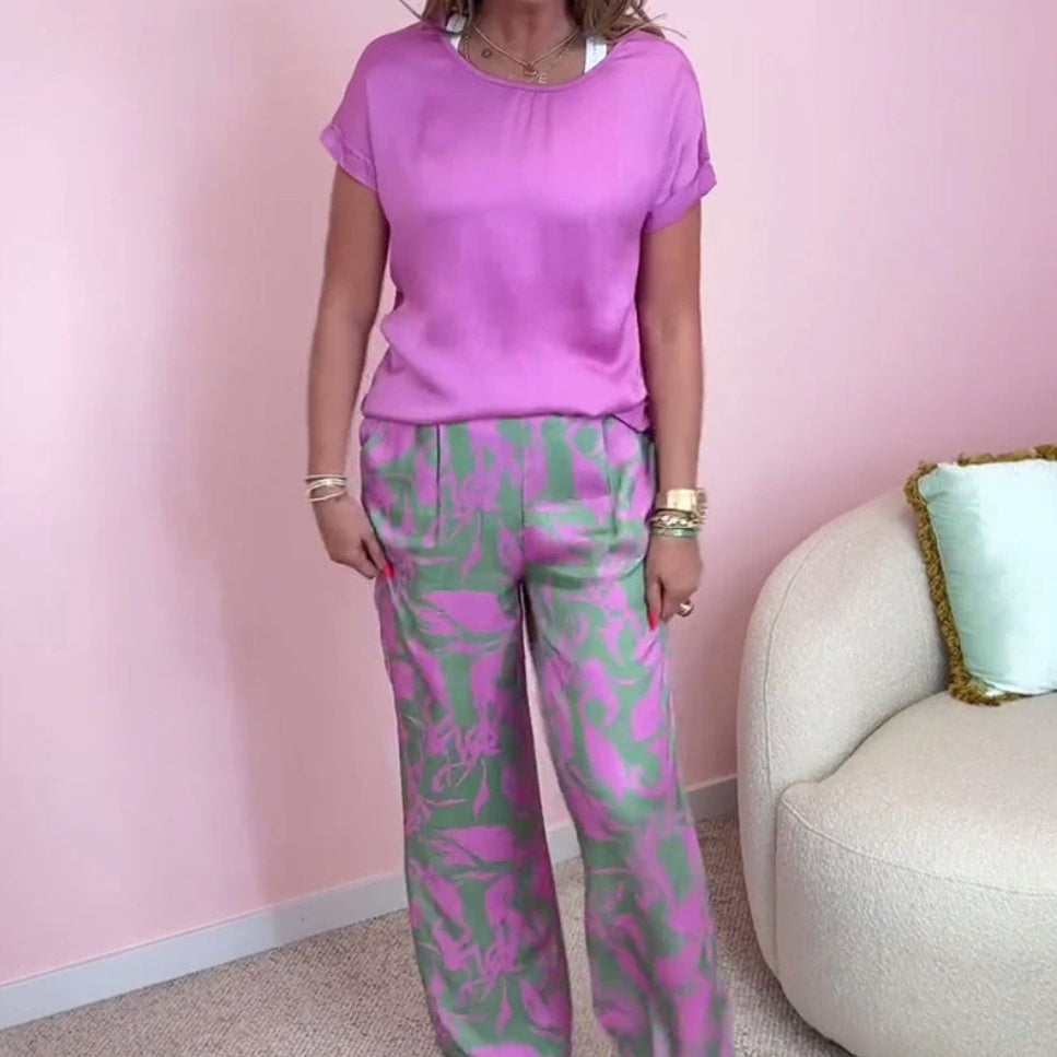 Ensemble 2 pièces : Haut & Pantalon Imprimé à Jambes Larges
