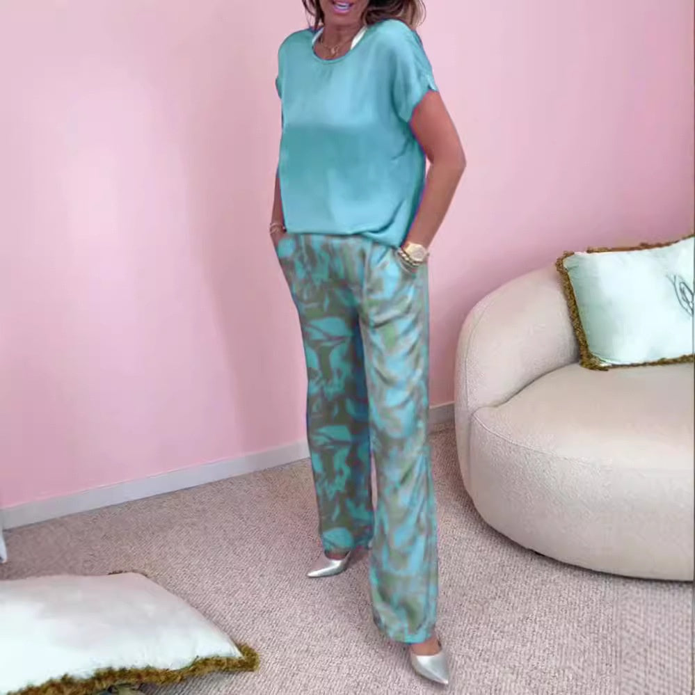 Ensemble 2 pièces : Haut & Pantalon Imprimé à Jambes Larges
