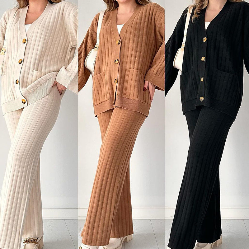 Spécial Automne – Nouveau Ensemble Deux Pièces Décontracté en Tricot de Couleur Unie pour Femme