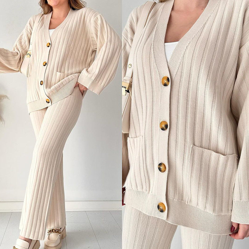 Spécial Automne – Nouveau Ensemble Deux Pièces Décontracté en Tricot de Couleur Unie pour Femme