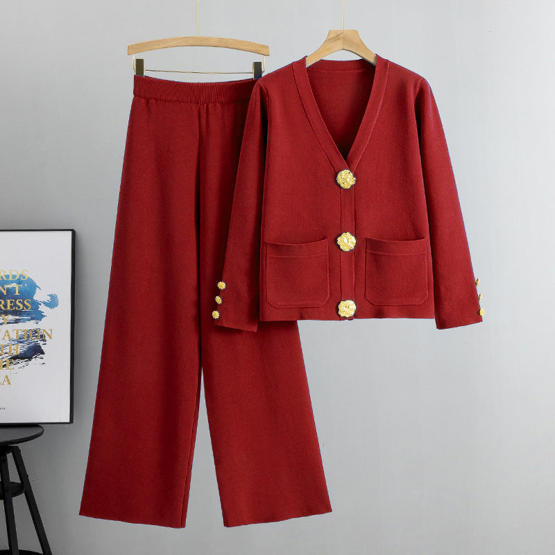 Ensemble de 2 Pièces de Pull à Boutons et Pantalon à Jambes Larges pour Femmes