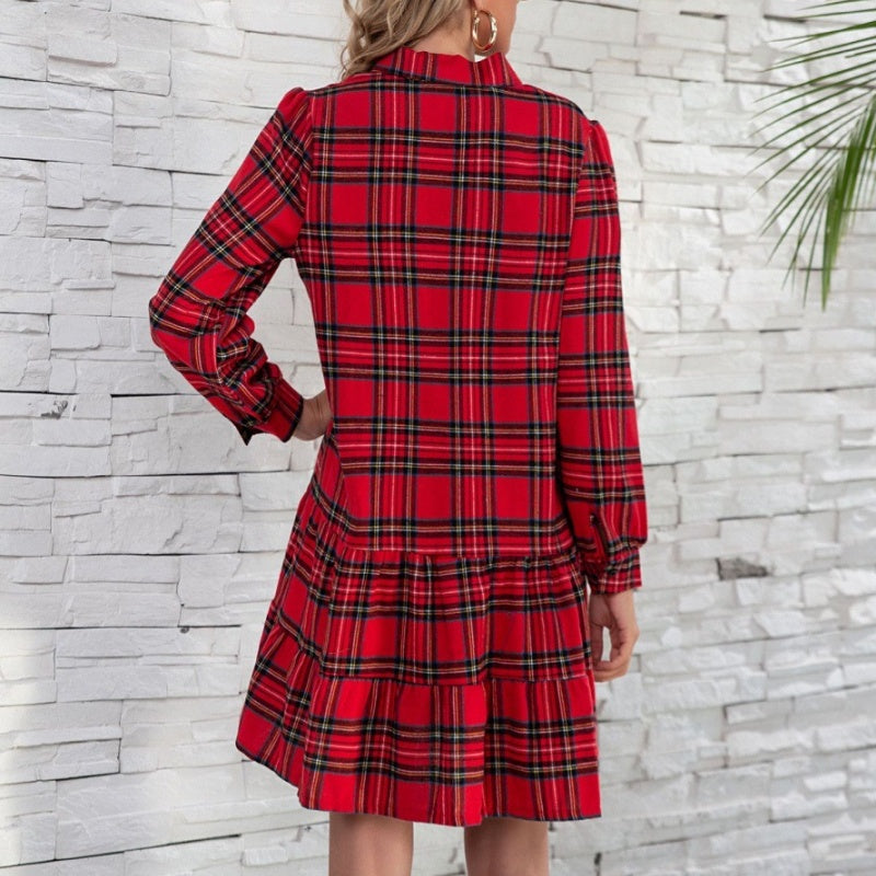 Robe Courte à Carreaux avec Col à Revers de Noël pour Femmes