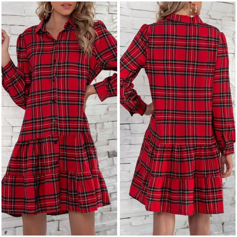 Robe Courte à Carreaux avec Col à Revers de Noël pour Femmes