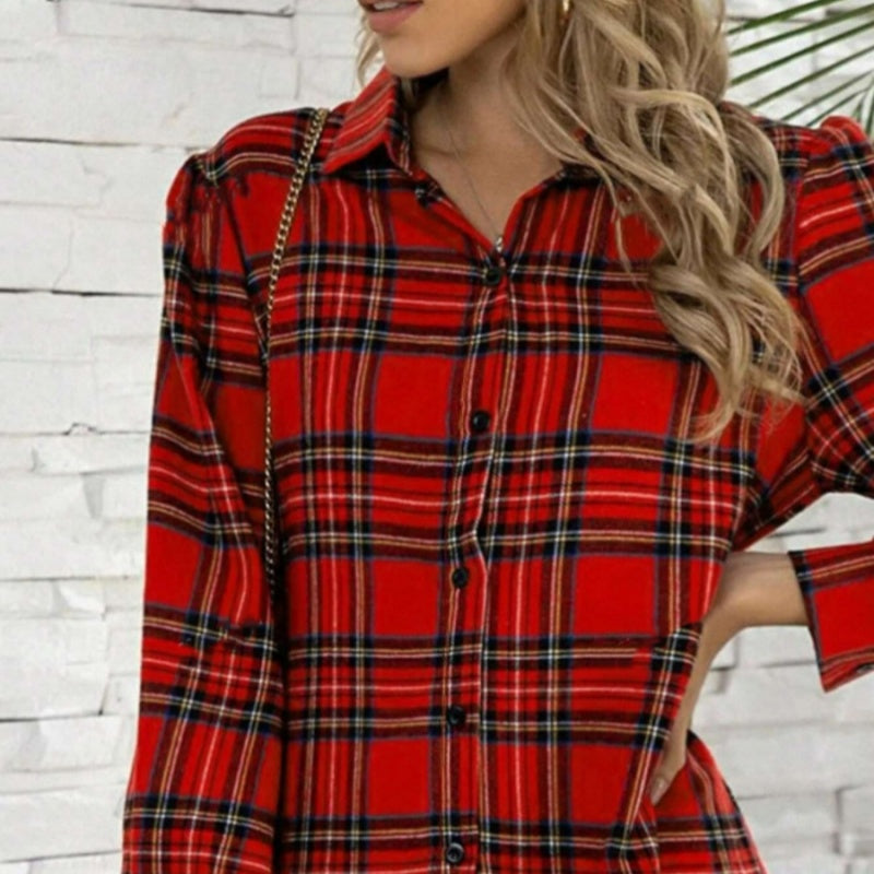 Robe Courte à Carreaux avec Col à Revers de Noël pour Femmes