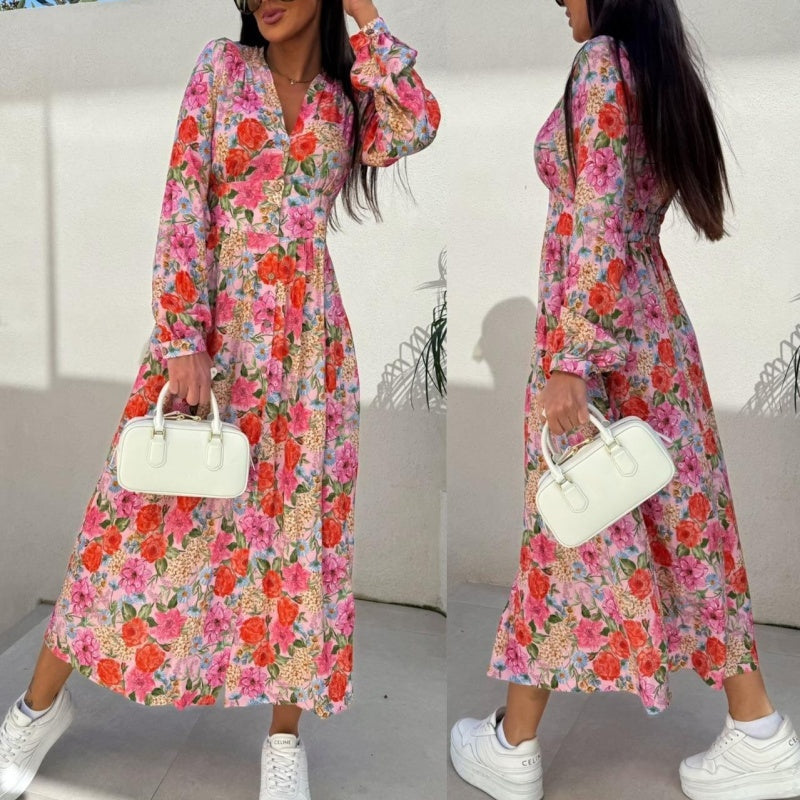 ⏳Réduction limitée de 50%🎁Robe fleurie tendance à manches longues, accentuant la taille, avec col en V et patte de boutonnage