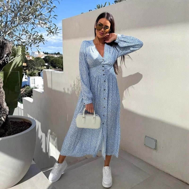 ⏳Réduction limitée de 50%🎁Robe fleurie tendance à manches longues, accentuant la taille, avec col en V et patte de boutonnage