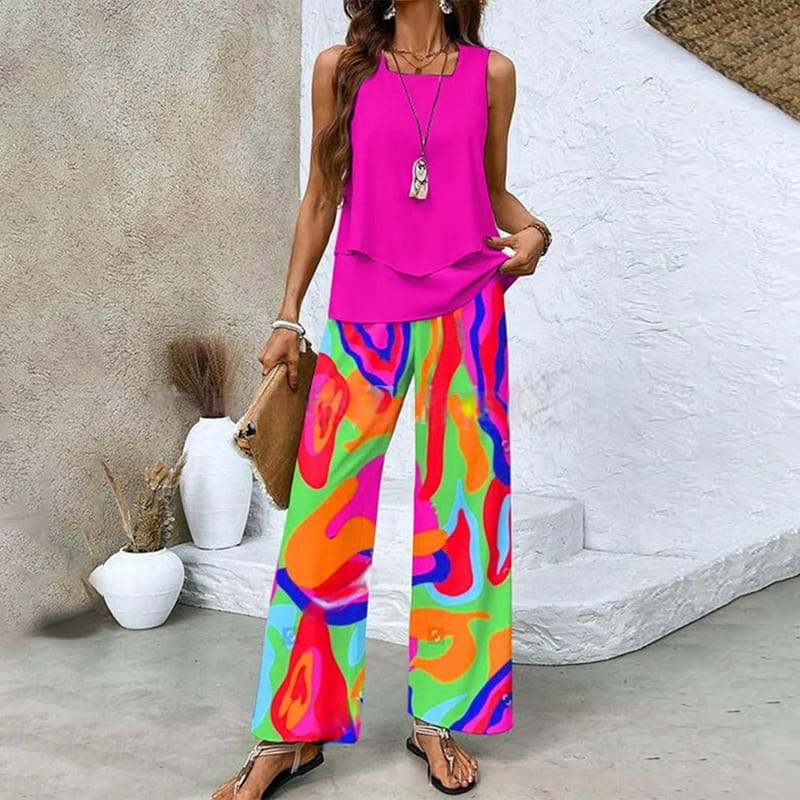 🔥Vente spéciale fête des mères -50 %🌺Tenue 2 pièces tendance pour femme, haut sans manches et pantalon
