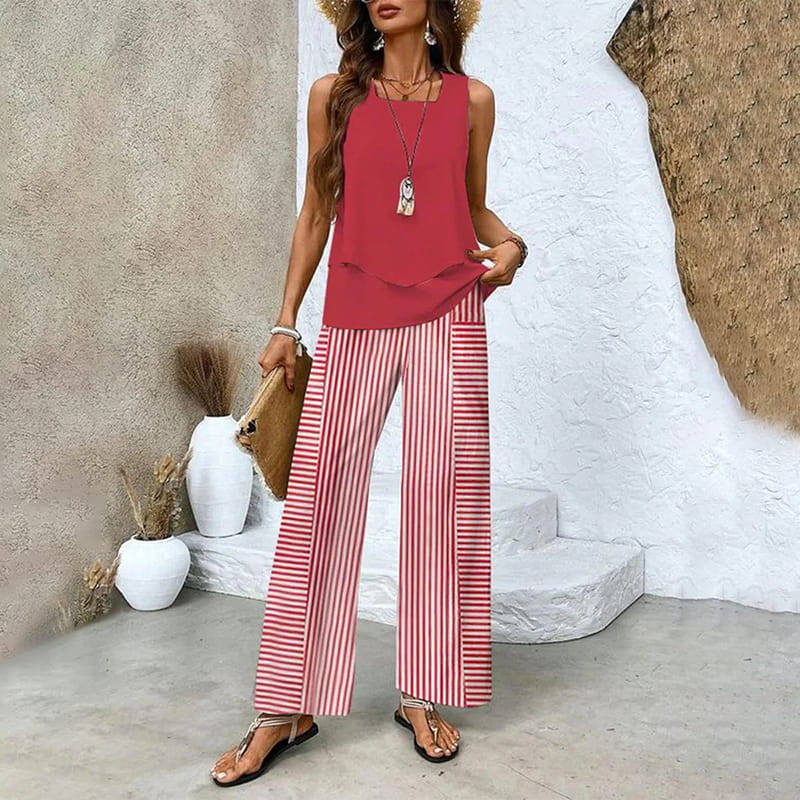 🔥Vente spéciale fête des mères -50 %🌺Tenue 2 pièces tendance pour femme, haut sans manches et pantalon