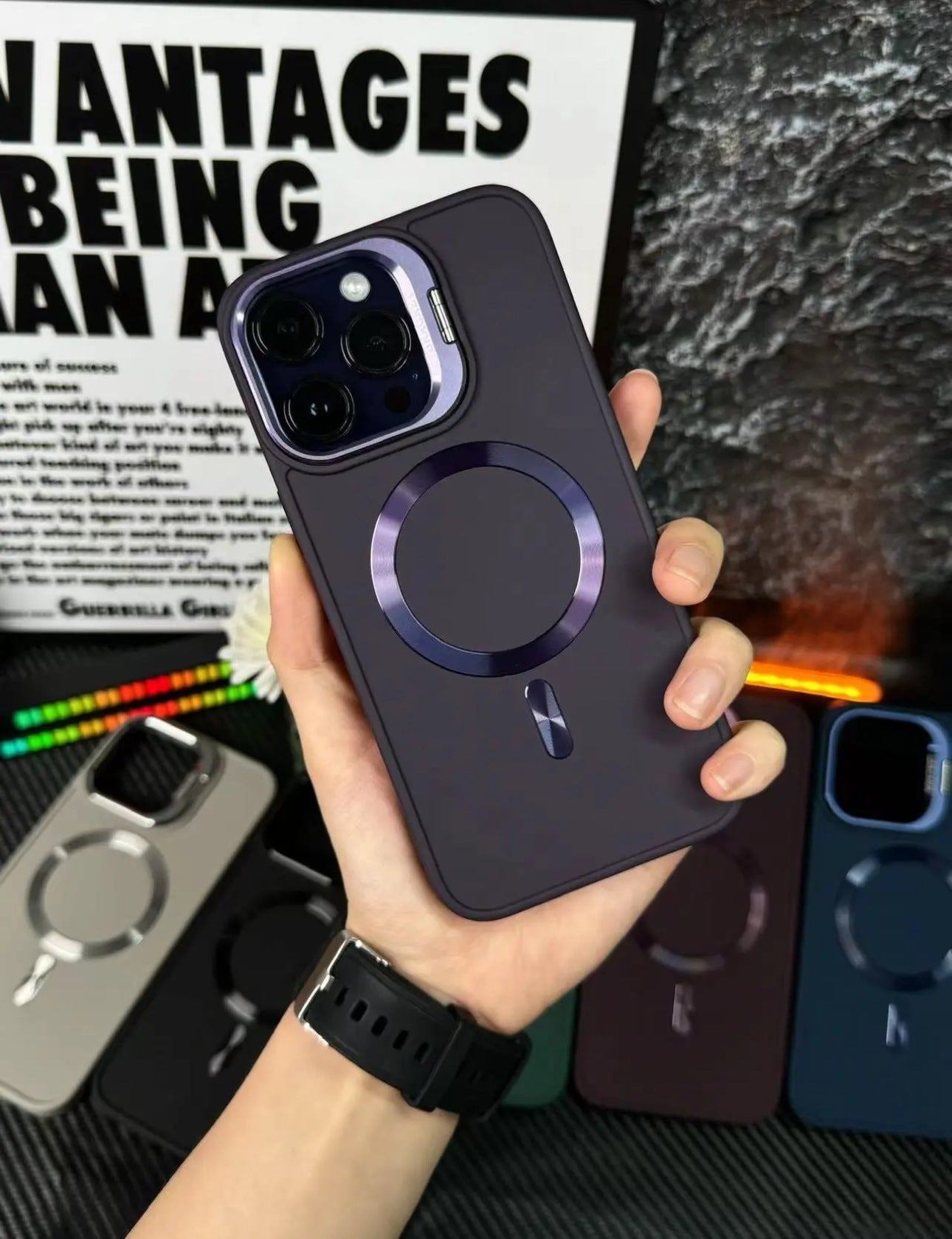 Objectif de luxe Cas de support métallique magnétique pour iPhone(Film d'objectif gratuit)