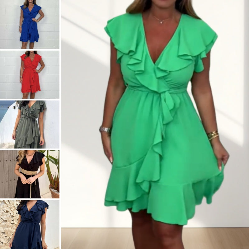 đ„ Hot Sale đ„Robe Ă©lĂ©gante Ă taille nouĂ©e et col en V Ă volants pour femmes