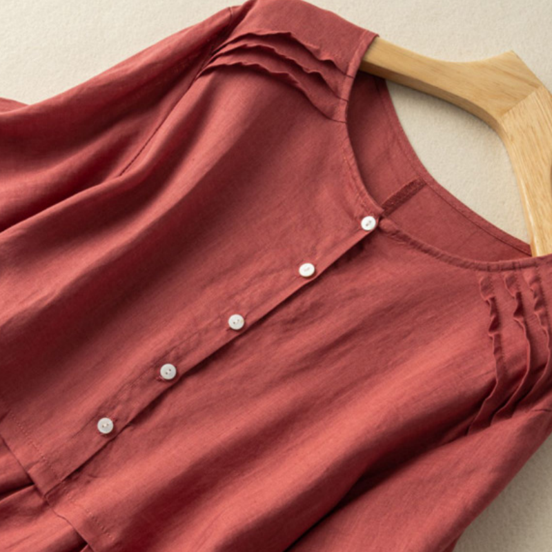 Robe chemise en coton et lin à manches courtes de style rétro