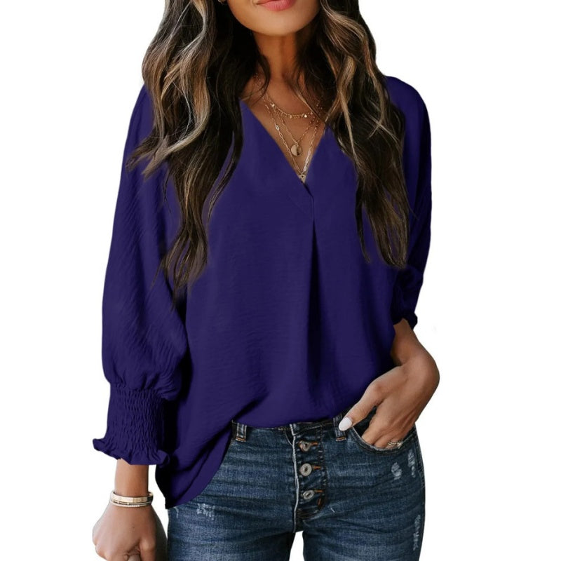 Chemise ample décontractée à col en V et manches 3/4