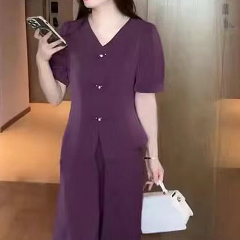 Ensemble 2 pièces pour femmes - Top à manches courtes avec col en V et pantalon large assorti