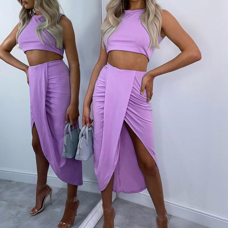 🌸Nouvel arrivage 50 % de réduction💖 Ensemble Slim Sleeveless Top & Irregular Midi Skirt