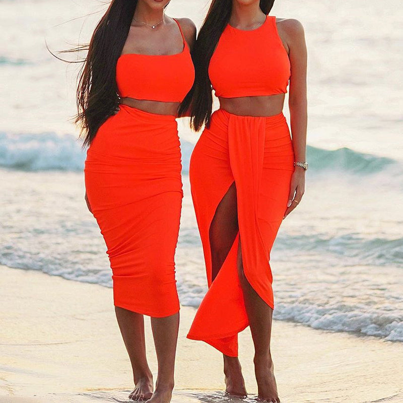 🌸Nouvel arrivage 50 % de réduction💖 Ensemble Slim Sleeveless Top & Irregular Midi Skirt