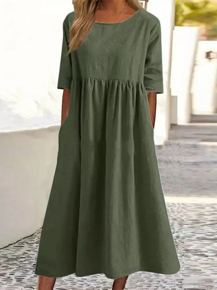 👗Réduction pour le début de l'été💝Robe décontractée en coton à col ras du cou et à poches pour femmes(🔥50% de réduction)