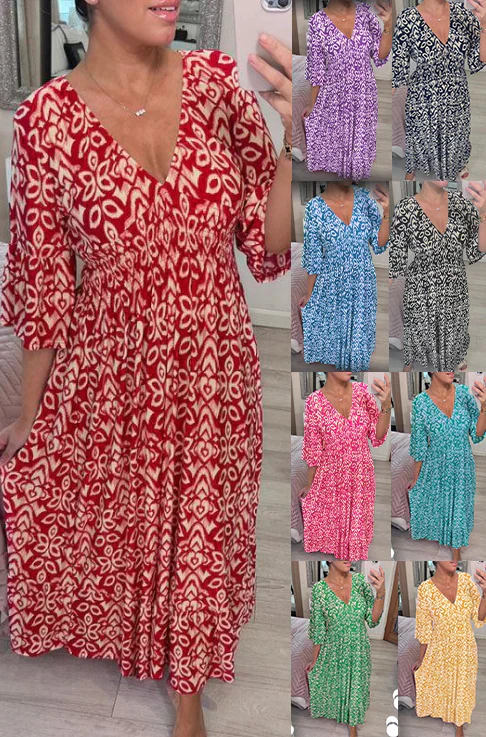 🔥50% de réduction  😍Robe longue à encolure en V et imprimé bohémien décontracté