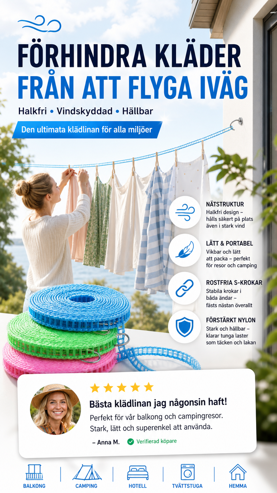 🌬️ Köp 1 Få 1 Gratis! 🧺 Vindskyddad & halkfri tvättlina – snabbtorkande, säker & enkel att sätta upp ☀️