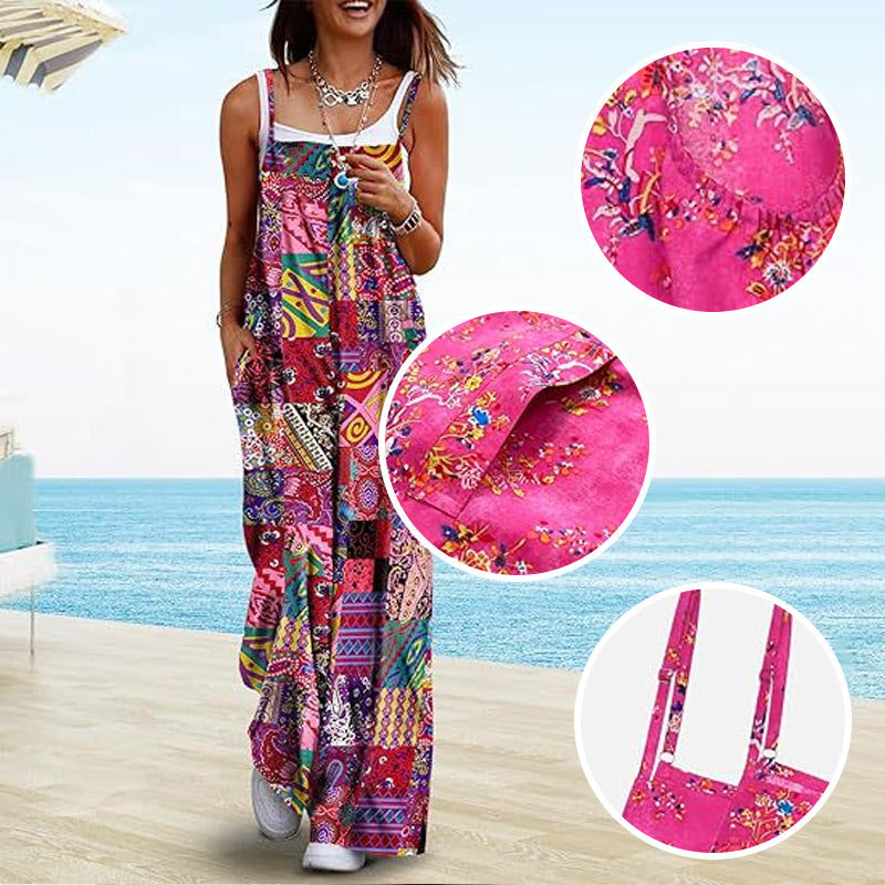 🏖️Soldes d'été 50% de réduction !🌼Combinaison d'été bohème à jambes larges et poches pour femmes