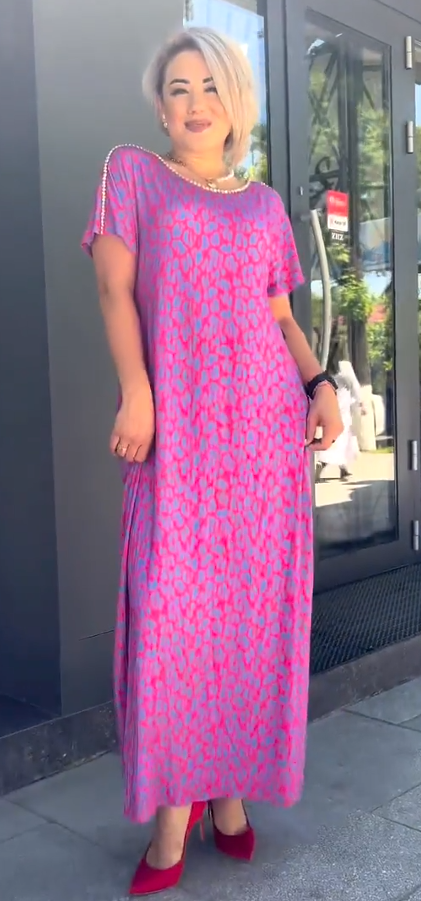 Robe à col diamant et imprimé floral rose et violet