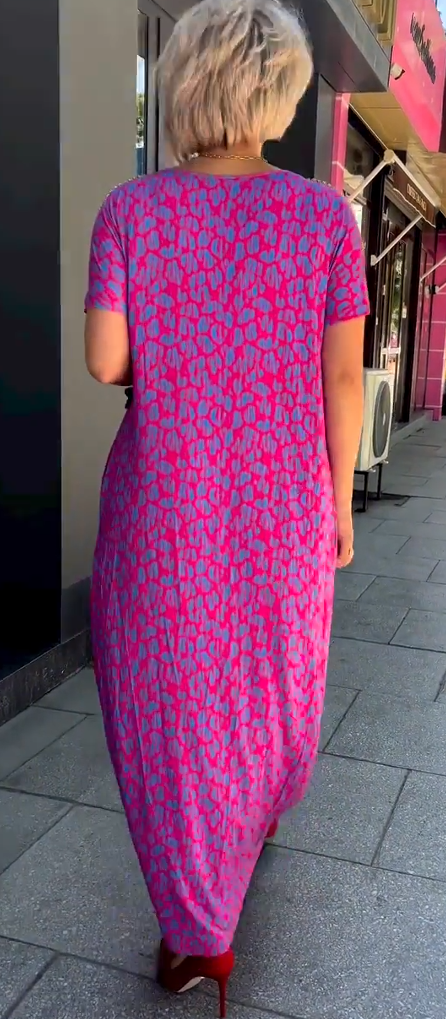 Robe à col diamant et imprimé floral rose et violet