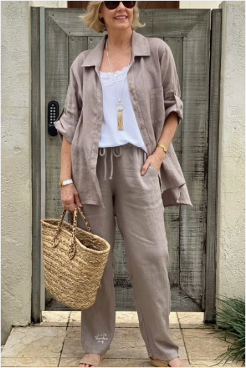 Ensemble chemise décontractée deux pièces en coton et lin