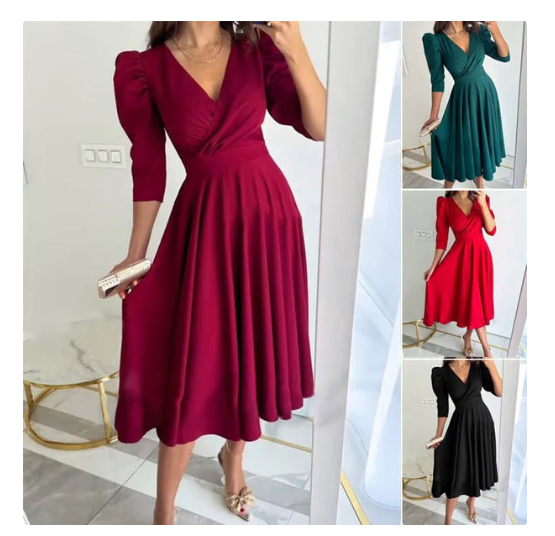 👗Robe midi plissée à col en V pour femme