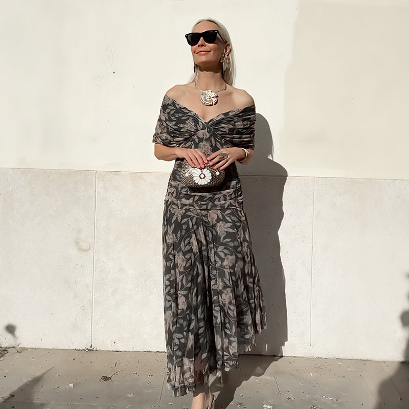 🎁  Vente chaude 49% de réduction 🔥 Robe imprimée à col V hors épaule pour femmes