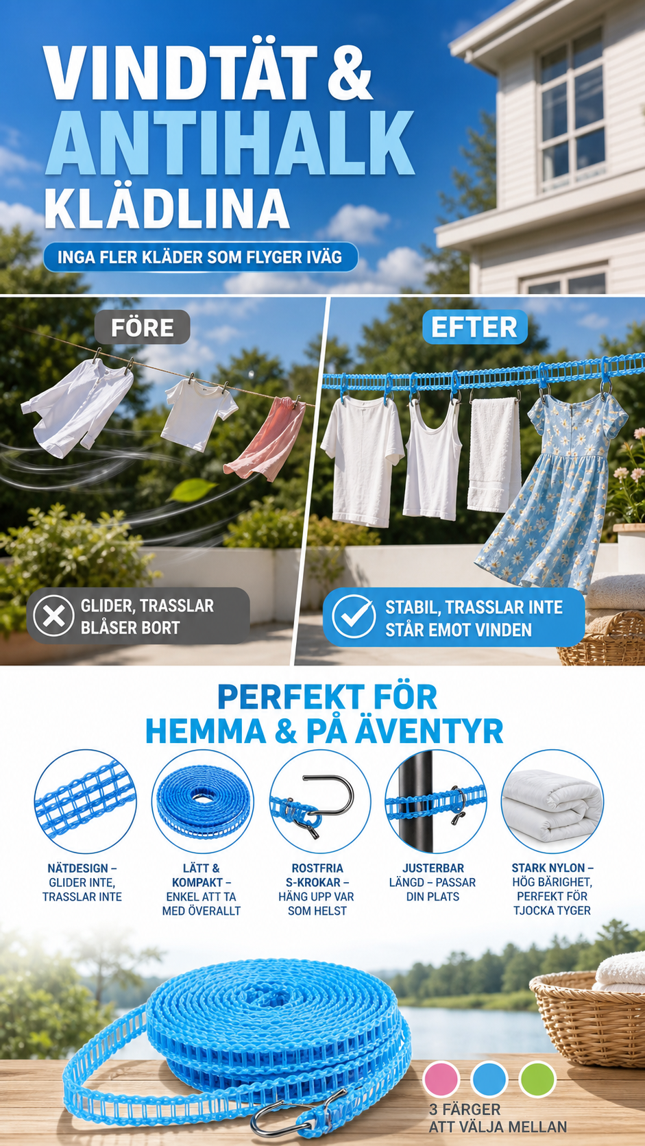 🌬️ Köp 1 Få 1 Gratis! 🧺 Vindskyddad & halkfri tvättlina – snabbtorkande, säker & enkel att sätta upp ☀️