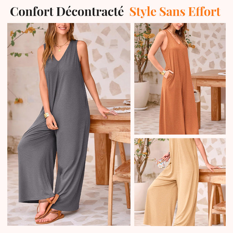 🔥🛍️Promotion chaude 50 % de réduction💃Combinaison Décontractée Sans Manches à Col en V et Jambes Larges pour Femmes🌸