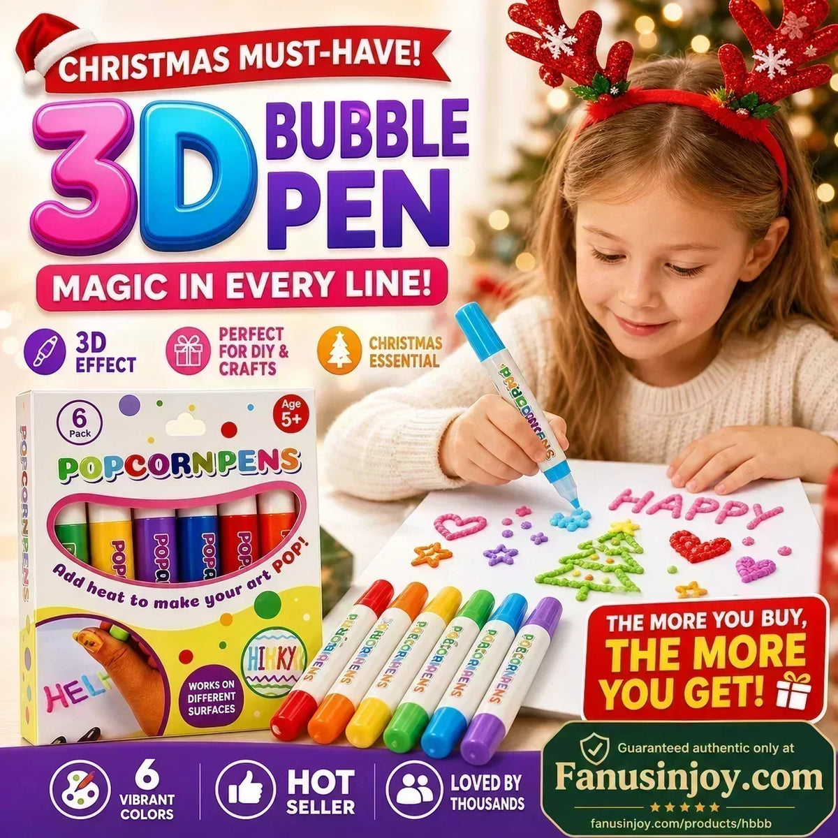 🎄 50% RABATT! 🔮 Magic Pen – rita 3D med ett drag! DIY Bubble Popcorn Drawing Pens – julklapp för kreativa barn 🎁