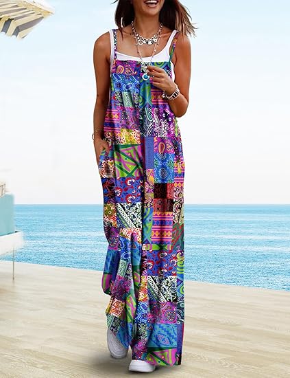 🏖️Soldes d'été 50% de réduction !🌼Combinaison d'été bohème à jambes larges et poches pour femmes