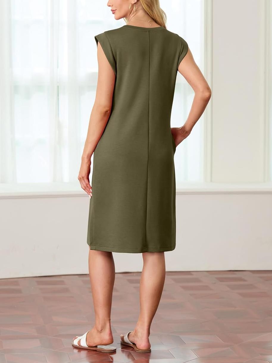 🔥Soldes d'été 50 %🌸Robe mi-longue ample fendue à col rond et poches pour femme