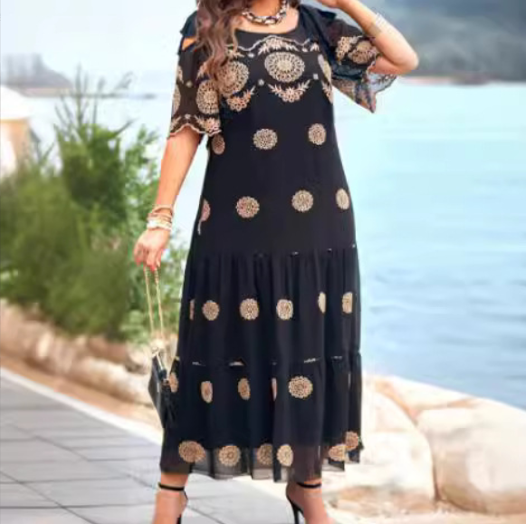 🥰 Robe d'été creuse à manches courtes, jupe longue ample imprimée