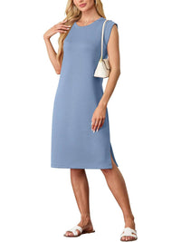 🔥Soldes d'été 50 %🌸Robe mi-longue ample fendue à col rond et poches pour femme