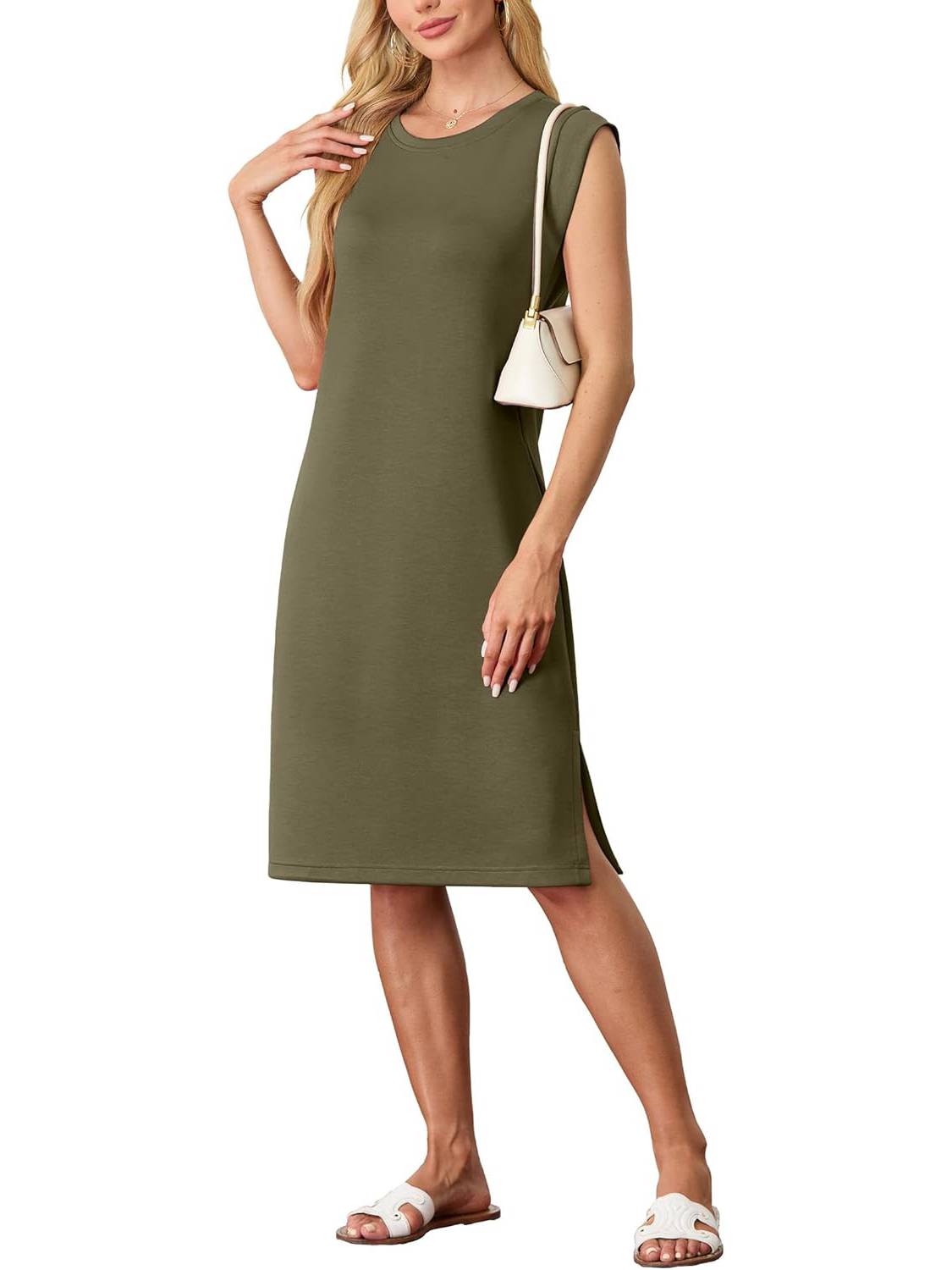 🔥Soldes d'été 50 %🌸Robe mi-longue ample fendue à col rond et poches pour femme