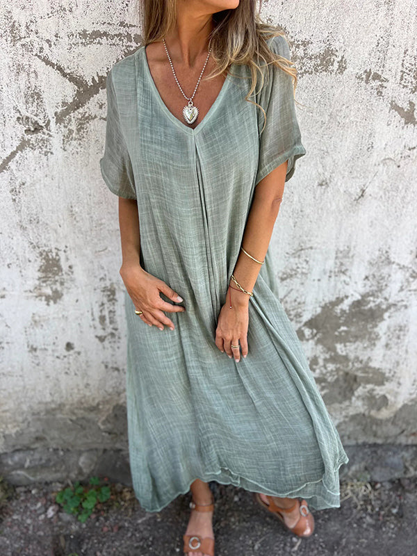 🔥Offre Spéciale Robe ample en coton et lin à col en V pour femme👗