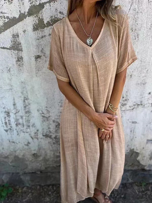 🔥Offre Spéciale Robe ample en coton et lin à col en V pour femme👗