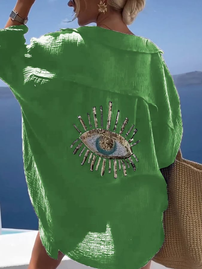 🔥50% de réduction sur les offres spéciales🔥Chemise décontractée à paillettes et perles gros yeux