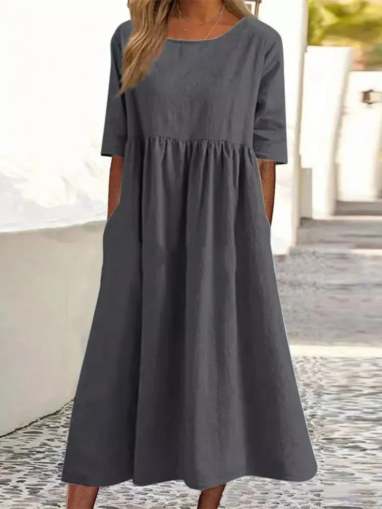 👗Réduction pour le début de l'été💝Robe décontractée en coton à col ras du cou et à poches pour femmes(🔥50% de réduction)